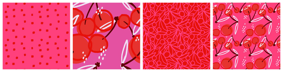 Cherry fruit seamless pattern set with modern abstract graphic. Colorful red and pink kitchen textile vector design.