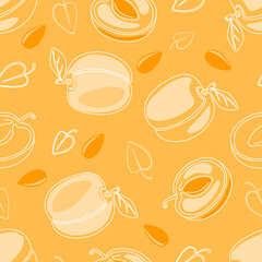 Seamless pattern with apricots on an orange background. Vector