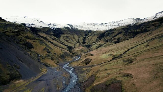 Mountain panorama, volcanic landscape and river, glacier river,above, aerial view, river arms meandering, wild nature, Icelandic Highlands, Pakgil, Suourland, Iceland, Polar Regions