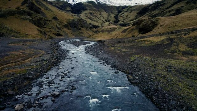Mountain panorama, volcanic landscape and river, glacier river,above, aerial view, river arms meandering, wild nature, Icelandic Highlands, Pakgil, Suourland, Iceland, Polar Regions