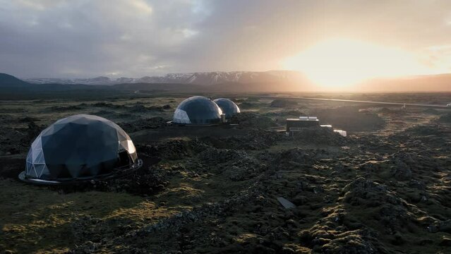 Mountain panorama, volcanic landscape,above, aerial view, wild nature near Aurora Basecamp, Icelandic Highlands, Pakgil, Suourland, Iceland, Polar Regions
