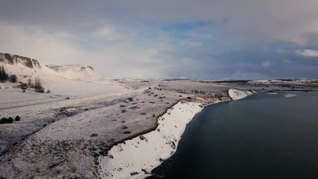 Mountain panorama, volcanic landscape and river, glacier river,above, aerial view, in snowy winter, Icelandic Highlands, Pakgil, Suourland, Iceland, Polar Regions