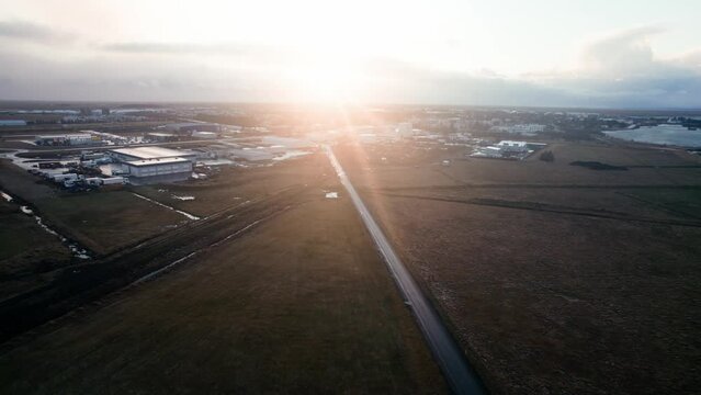 Small Icelandic city, volcanic landscape,above, aerial view, wild nature at sunset, Icelandic Highlands, Pakgil, Suourland, Iceland, Polar Regions