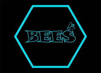 Letrero con la palabra abejas en azul neón en inglés rodeado de un hexágono  sobre fondo negro