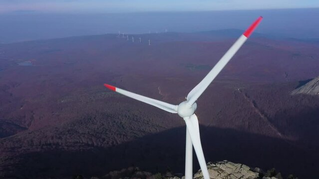 Green energy wind turbines in the mountains of Turkey. Taken from a drone