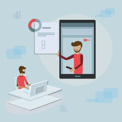 Flat design of online technology, Young man learning from video online - vector