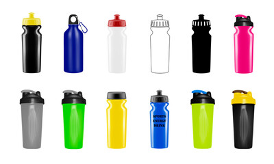 Shaker for protein shake in vector.Bicycle bottle in vector.Sport water bottle in vector.