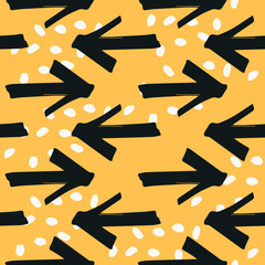 Print seamless pattern, vector illustration of arrows, handmade brush. Arrow in different directions. Signs, signage. Background backdrop. 3 three colors. Texture design.