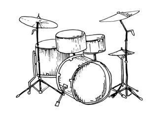 Drum Kit. Vector illustration of musical instrument. Sketch in doodle style. Hand drawn sketch