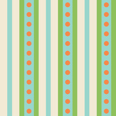 Simple Blue and Green Vertical Stripes with Orange Circles on Yellow Background Seamless Repeat Design