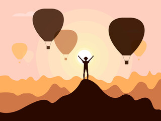 Raster illustration - a silhouette of a man standing on the peak of a high mountain against the background of a beautiful sunset and flying balloons. Concept - freedom, overcoming and trekking