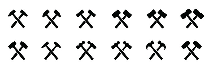 Hammer icon set. Crossed hammers vector icons set. Simple flat design. Symbol or sign for smith, blacksmith, metalwork, repair, carpenter, carpentry, and builder.