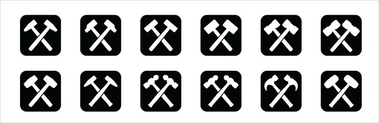 Hammer icon set. Crossed hammers vector icons set. Square simple flat design. Symbol or sign for smith, blacksmith, metalwork, repair, carpenter, carpentry, and builder.
