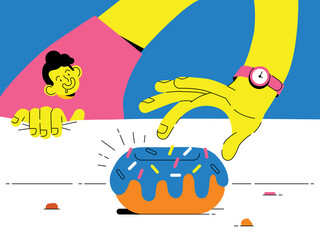 Simple figure and donut illustration. Vector scene created in fun and colorful style. 