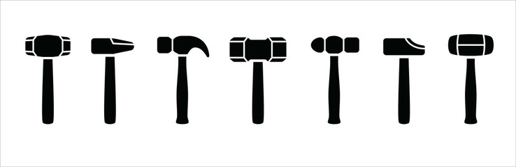 Hammer icon set. Assorted hammers vector icons set. Simple flat design. Symbol or sign for smith, blacksmith, metalwork, repair, carpenter, carpentry, and builder.