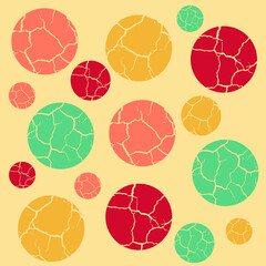 Set of colored different circles with cracks on bright background.   Grunge texture vector illustration.