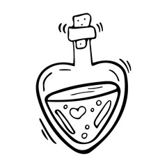 Vector doodle bottle of magic love potion. Witchcraft glass bottle. Alchemy elixir in glass flask. Hand drawn illustration of witch poison.
