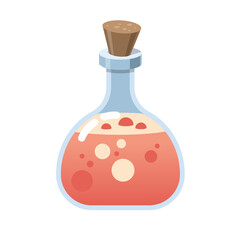 Magic bottle of glass. Alchemy love elixir in glass flask. Cork and pink potion, cartoon vector. Witchcraft pink potion of witch or poison