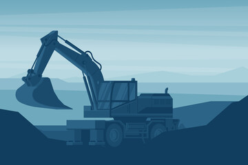 Wheel excavator heavy machinery stage background used in the construction and mining industry for earth moving