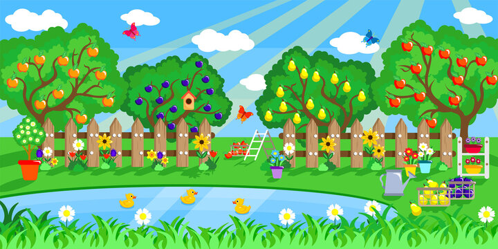 Vector illustration of a beautiful summer garden. Cartoon garden landscape with lake with ducks, flowers, harvest of apples, pears and plums.