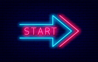 Start sign in neon arrow frame. Game concept on brick wall background. Bright flyer. Vector stock illustration