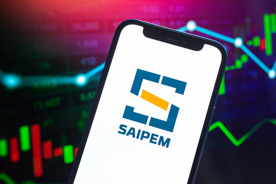 Saipem logo company, gas and oil prices, energy industry. Petroleum stock market graphs, global financial background. Gasoline and diesel concept