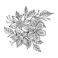 Hand drawn flower bouquet arrangement in black and white color doodle or sketch style. Postcard, invitation, greeting card, coloring book page.