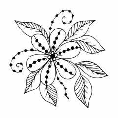 Hand drawn flower bouquet arrangement in black and white color doodle or sketch style. Postcard, invitation, greeting card, coloring book page.