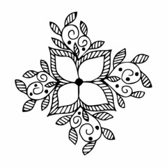 Hand drawn flower bouquet arrangement in black and white color doodle or sketch style. Postcard, invitation, greeting card, coloring book page.