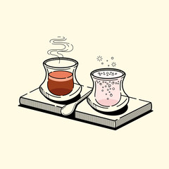 Espresso coffee flight illustration created in elegant vintage style. Vector with crosshatched lines.