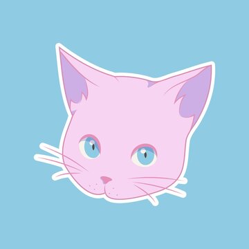 Vector pink kitten on a blue background. Vector illustration in anime style. Colorful illustration of a cat. Cat Day.