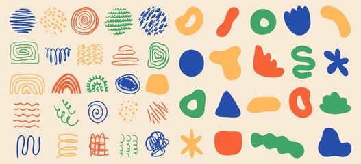 Set of different abstract shapes and patterns. Hand drawn doodles. Modern fashion illustration. Flat design, cartoon drawing, vector.