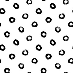 Seamless pattern with grunge black circles. Monochrome round brush stroke texture. Vector black ink illustration. Abstract grunge texture with pencil scribble circles. Geometric memphis background