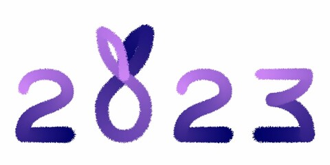 vector Fluffy text logo of the new year of the rabbit hare 2023 in purple colors isolate on a white background