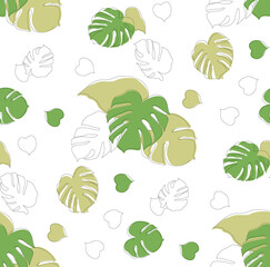 Vector seamless pattern with monstera leaves. Minimalistic line art with added color. Can be used for wallpaper, giftwrap, fabric and other