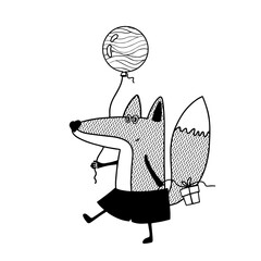 fox with present and balloon, vector illustration, holiday clipart good for card and print design