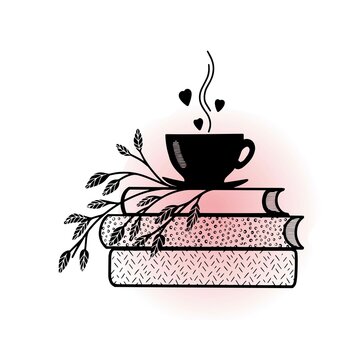 books and cup, vector clipart, love illustration good for card and print design
