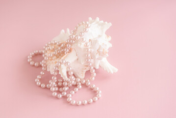 Beautiful pearl beads at shell on pastel pink background with copy space.