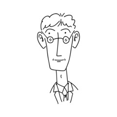 Intelligent face portrait. Doodle character man with glasses. Hand drawn outline cartoon vector illustration.