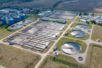 Aerial view of the water treatment plant. huge sewage treatment plant