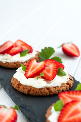 Strawberry tart with whipped cream. Recipe of fast berry cake for breakfast or holiday. Summer dessert.