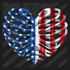 Heart shaped ribcage with USA flag pattern for 4th of July American independence day and Veterans day