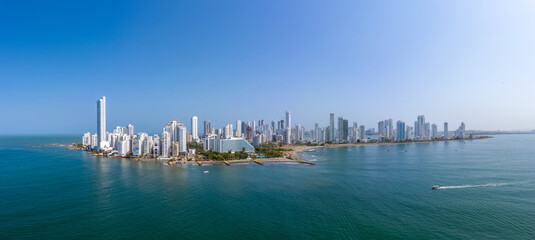 The modern skyscrapers in the Cartagena de Indias in Colombia on the Caribbean coast of South America. Bocagrande district panorama aerial view - 504020275