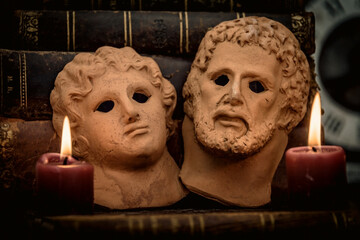Ancient marble mask from Roman Empire. selective focus.