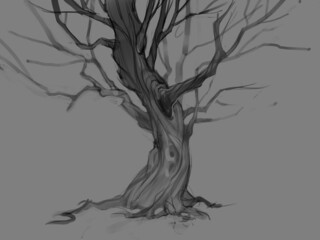drawing of a dry tree on a gray background