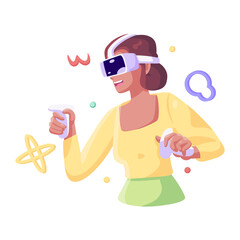 Young woman Virtual reality glasses Game simulator Vector illustration