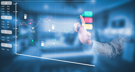 Oil energy graph of the world market, impact on the economic concept, Businessman touch chart with the indicator on the oil price slide at a gas station, fluctuations in oil prices and exchange trade.