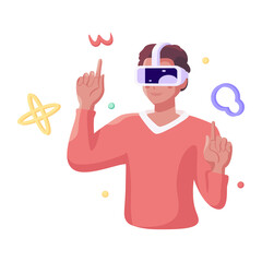 Young man Virtual reality glasses Game simulator Vector illustration
