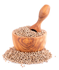 Coriander seeds in olive bowl and scoop, isolated on white background. Cilantro grain. Organic spice.