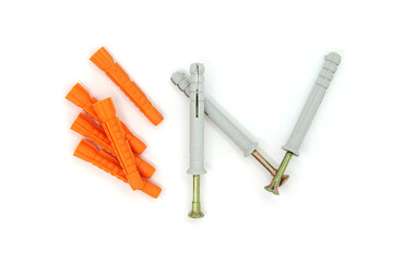 Fasteners of different types, insulated dowels on a white background